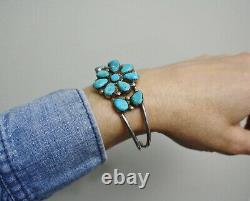 Vintage Native American Navajo Turquoise Sterling Silver Cluster Cuff Bracelet