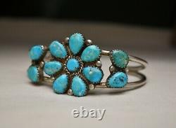 Vintage Native American Navajo Turquoise Sterling Silver Cluster Cuff Bracelet