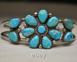 Vintage Native American Navajo Turquoise Sterling Silver Cluster Cuff Bracelet