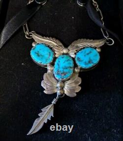 Vintage Native American Navajo Turquoise Sterling Silver Feather Necklace