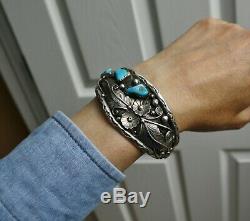 Vintage Native American Navajo Turquoise Sterling Silver Foliate Cuff Bracelet