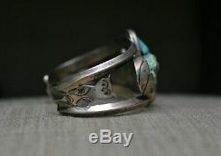 Vintage Native American Navajo Turquoise Sterling Silver Owl Cuff Bracelet