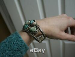 Vintage Native American Navajo Turquoise Sterling Silver Owl Cuff Bracelet