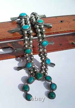 Vintage Native American Navajo Turquoise Sterling Silver Squash Blossom Necklace