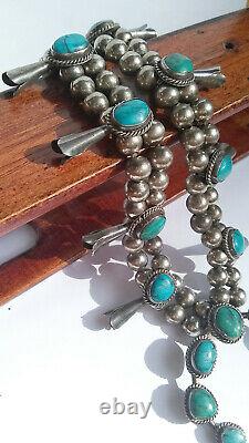 Vintage Native American Navajo Turquoise Sterling Silver Squash Blossom Necklace