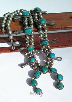 Vintage Native American Navajo Turquoise Sterling Silver Squash Blossom Necklace