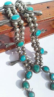 Vintage Native American Navajo Turquoise Sterling Silver Squash Blossom Necklace