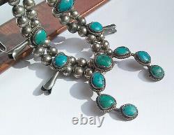 Vintage Native American Navajo Turquoise Sterling Silver Squash Blossom Necklace