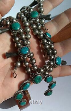 Vintage Native American Navajo Turquoise Sterling Silver Squash Blossom Necklace