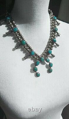 Vintage Native American Navajo Turquoise Sterling Silver Squash Blossom Necklace