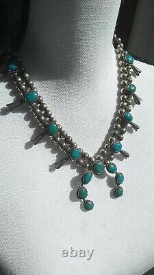 Vintage Native American Navajo Turquoise Sterling Silver Squash Blossom Necklace