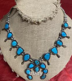 Vintage Native American Solid Sterling Silver Turquoise Squash Blossom Necklace
