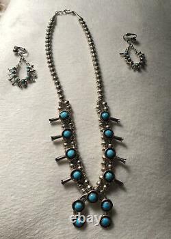 Vintage Native American Squash Blossom Sterling Turquoise Necklace And Earrings