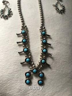 Vintage Native American Squash Blossom Sterling Turquoise Necklace And Earrings