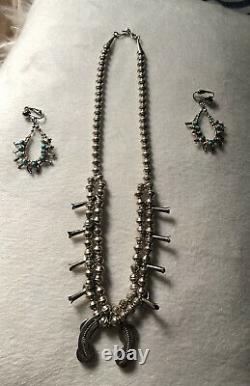 Vintage Native American Squash Blossom Sterling Turquoise Necklace And Earrings