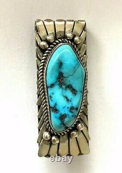 Vintage Native American Sterling Silver 925 Rope Blue Turquoise Tie Bar Clip