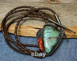 Vintage Native American Sterling Silver Turquoise Coral Bolo Tie