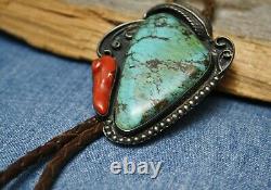Vintage Native American Sterling Silver Turquoise Coral Bolo Tie