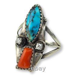 Vintage Native American Sterling Silver Turquoise Coral Diamond Ring Size 6.75