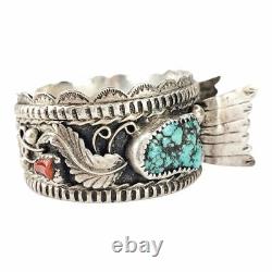 Vintage Native American Sterling Silver Turquoise Coral Watch Cuff