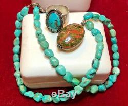 Vintage Native American Sterling Silver Turquoise Necklace & Ring Southwestern