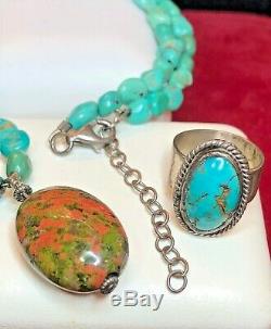 Vintage Native American Sterling Silver Turquoise Necklace & Ring Southwestern