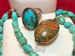 Vintage Native American Sterling Silver Turquoise Necklace & Ring Southwestern