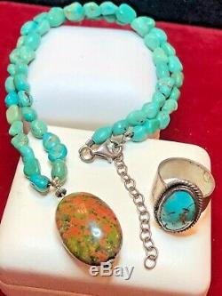 Vintage Native American Sterling Silver Turquoise Necklace & Ring Southwestern