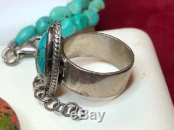 Vintage Native American Sterling Silver Turquoise Necklace & Ring Southwestern