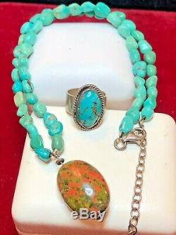 Vintage Native American Sterling Silver Turquoise Necklace & Ring Southwestern