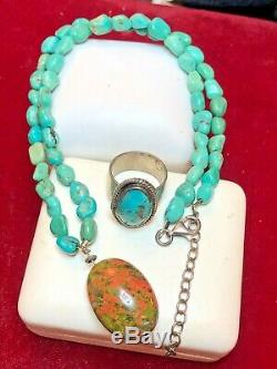 Vintage Native American Sterling Silver Turquoise Necklace & Ring Southwestern