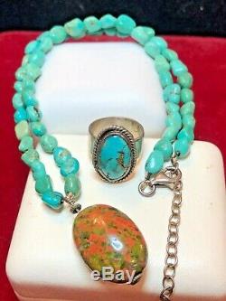 Vintage Native American Sterling Silver Turquoise Necklace & Ring Southwestern