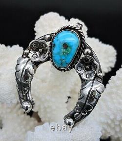 Vintage Native American Turquoise Sterling Silver Squash Blossom Naja Pendant