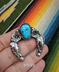 Vintage Native American Turquoise Sterling Silver Squash Blossom Naja Pendant