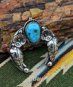 Vintage Native American Turquoise Sterling Silver Squash Blossom Naja Pendant