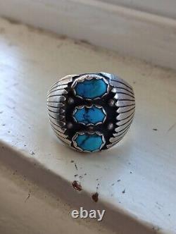 Vintage Native Navajo 3-Stone Turquoise Sterling Ring 12.5 Signed F BIKER PAWN