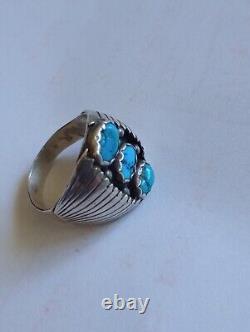 Vintage Native Navajo 3-Stone Turquoise Sterling Ring 12.5 Signed F BIKER PAWN