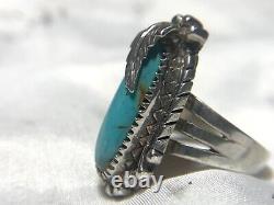 Vintage Native Navajo Sterling Silver Elongated Turquoise Leaf Ring Size 7.75
