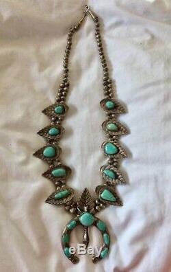 Vintage Navajo 240g Silver Squash Blossom Naja Turquoise Necklace