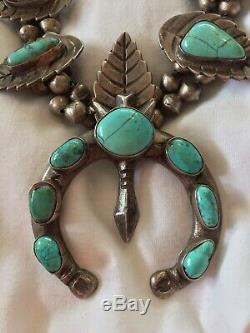 Vintage Navajo 240g Silver Squash Blossom Naja Turquoise Necklace