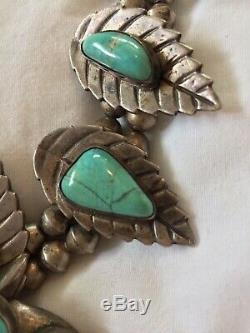 Vintage Navajo 240g Silver Squash Blossom Naja Turquoise Necklace