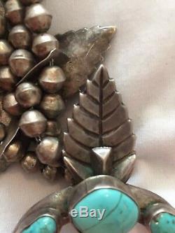 Vintage Navajo 240g Silver Squash Blossom Naja Turquoise Necklace