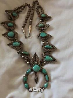 Vintage Navajo 240g Silver Squash Blossom Naja Turquoise Necklace