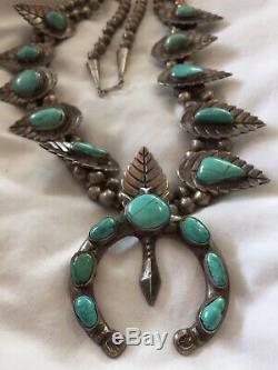 Vintage Navajo 240g Silver Squash Blossom Naja Turquoise Necklace