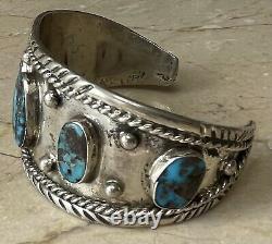 Vintage Navajo 5 Stone Turquoise & Sterling Silver Row Bracelet