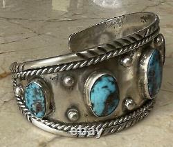 Vintage Navajo 5 Stone Turquoise & Sterling Silver Row Bracelet