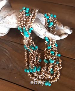 Vintage Navajo 6 Strand Fresh Water Pearl & Turquoise Necklace 925 C Hook Clasp
