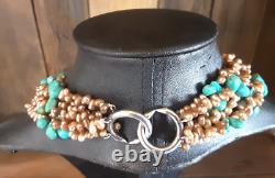 Vintage Navajo 6 Strand Fresh Water Pearl & Turquoise Necklace 925 C Hook Clasp