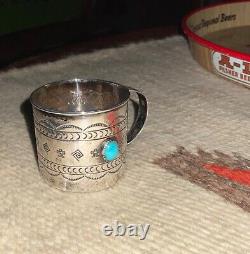 Vintage Navajo. 925 Silver'Sippy' Cup, Turquoise, Shot Glass, Stamped Cool
