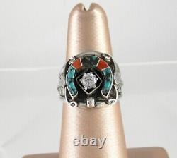 Vintage Navajo 925 Sterling Silver Horseshoe Ring Turquoise & Red Coral with CZ s5